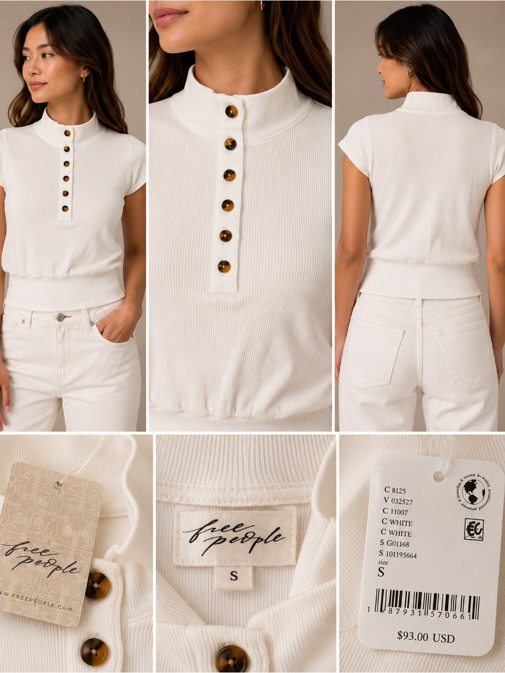 FREE PEOPLE- Cream Ribbed Mock-Neck Tee with Tortoiseshell Buttons